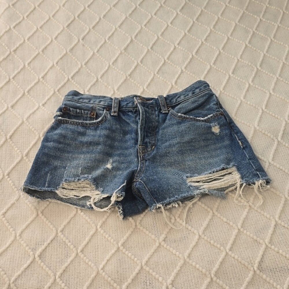 Blue Distressed Jean Shorts with Raw Hem